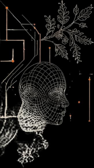 Wireframe Head and Circuit Graphics